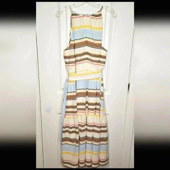 DKNY Cotton Halter Neckline Belt Sleeveless Midi Ivory Multicolor Dress Size 18W - Picture 4 of 12